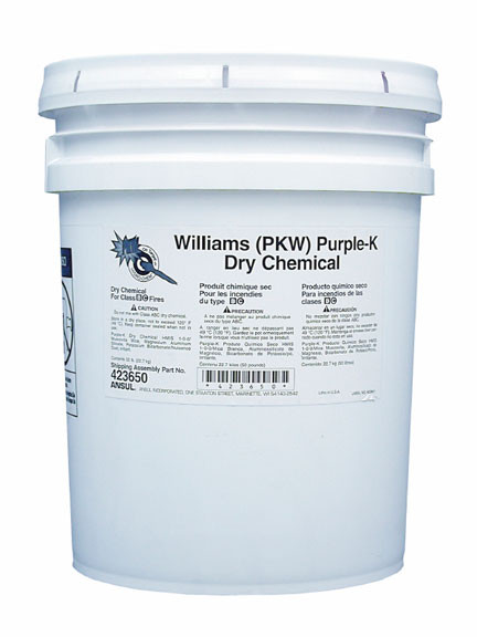 A picture of a 50 lb pail of Williams PKW (Purple-K) Class BC Extinguisher Powder.