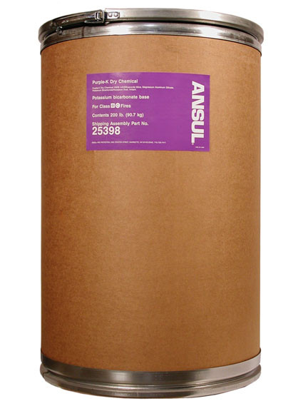 A picture of a 200 lb fiberboard drum of Ansul Purple-K Class BC Extinguisher Powder.