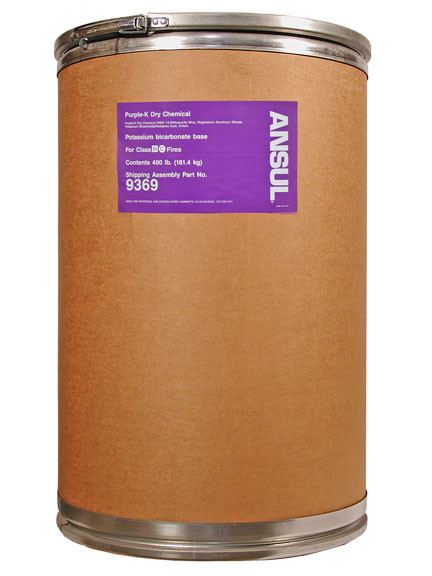 A picture of a 400 lb fiberboard drum of Ansul Purple-K Class BC Extinguisher Powder.