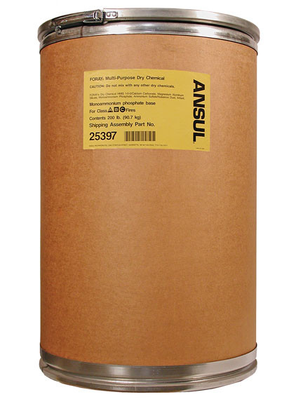 A picture of a 200 lb fiberboard drum of Ansul Foray Class ABC Extinguisher Powder.