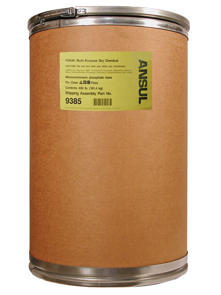 A picture of a 400 lb fiberboard drum of Ansul Foray Class ABC Extinguisher Powder.