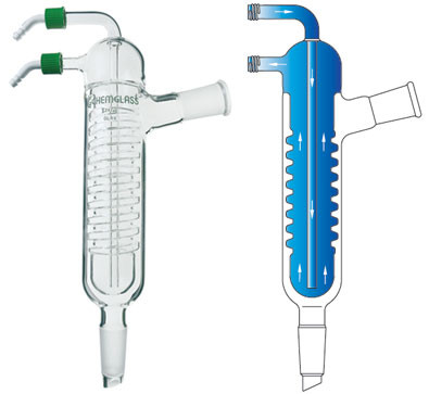 A composite image with a photograph of a CG-1210-HC-01 Friedrichs condenser with removable hose connections on the left and a diagram showing the water flow through the condenser on the right.