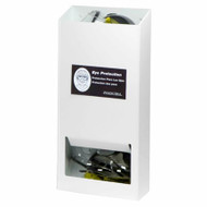 A photograph of a white 06000 20-pair visitor safety glasses dispenser with no lid.