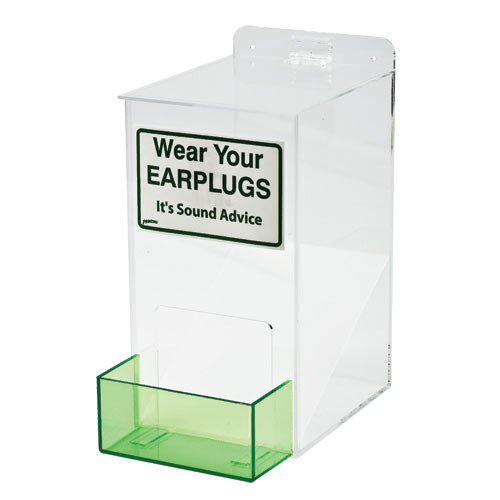 A photograph of a clear 06015 ear plug dispenser.