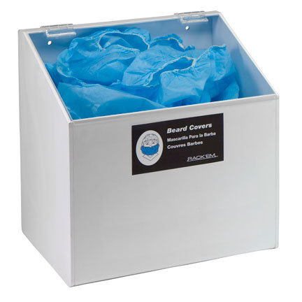 A photograph of a white 06030 one compartment lid access dispenser for hair, beard, shoe or arm covers, with covers inside.