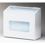 A photograph of a small white 06032 front access dispenser for hair, beard, shoe or arm covers.