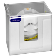 A photograph of a small white 06034 dust mask/disposable respirator dispenser with masks inside.
