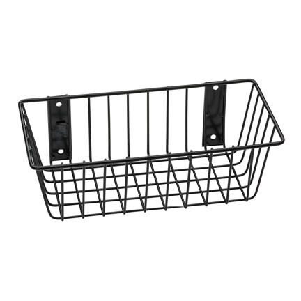 A photograph of a 06043 economical black wire basket, dimensions 12" length, 6" depth, 4" height.
