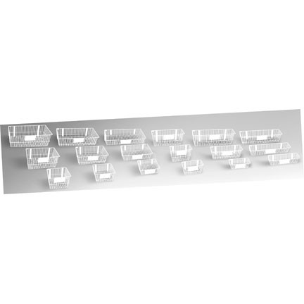 A photograph of a 06044 white wire baskets, 18 various sizes.