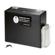 A photograph of a black 06050 lockable suggestion box.