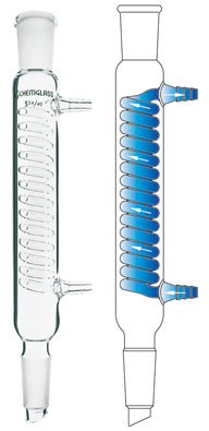 A composite image with a photograph of a CG-1216 coil style reflux condenser on the left and a diagram showing the water flow through the condenser on the right.