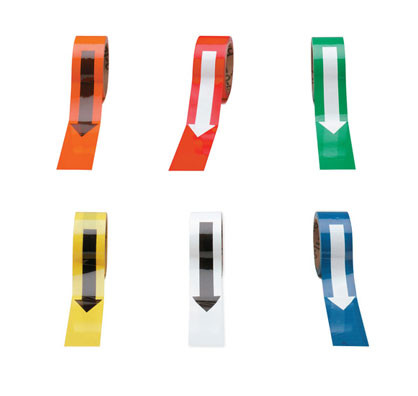 A photograph of an orange, a red, a green, a yellow, a white, and a blue 06403 directional arrow tape.