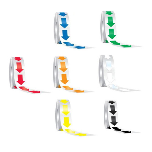 An image of 7 rolls of different colored  arrow floor markers, partially unrolled.