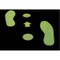A photograph of glow-in-the-dark dot/circle, arrow and foot markers in use on a floor.