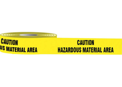 An image of a roll of 06457 printed warning tape.  The bright yellow tape has the message "CAUTION HAZARDOUS MATERIAL AREA"  repeated in bold black lettering.