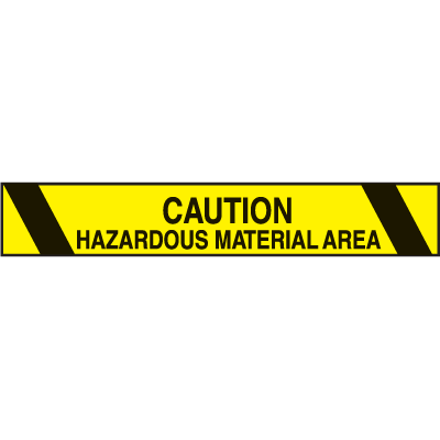 A photograph of a yellow and black 06457 printed warning tape, reading caution hazardous material area, with black bars.