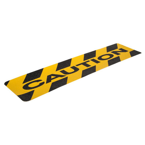 A photograph of a yellow and black 06460 anti-slip stair cleat, reading caution, with 6" x 24" dimensions, and 10 per package .
