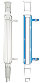A composite image with a photograph of a CG-1218 Liebig condenser on the left and a diagram showing the water flow through the condenser on the right.