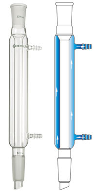 A composite image with a photograph of a CG-1218 Liebig condenser on the left and a diagram showing the water flow through the condenser on the right.