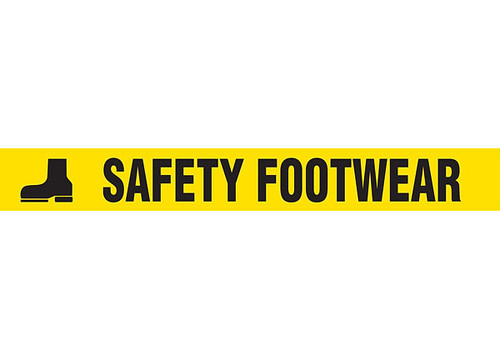 Picture of Printed Warning Floor Tape reading "Safety Footwear" in black lettering on yellow background.