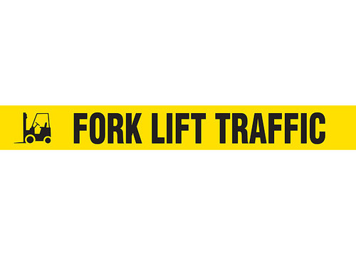 Picture of Printed Warning Floor Tape reading "Fork Lift Traffic" in black lettering on yellow background. 
