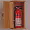 Picture of medium oak 5 lb. fire extinguisher cabinet with engraved front with door open.  Fire extinguisher not included.