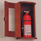 Picture of mahogany 5 lb. fire extinguisher cabinet with acrylic front with door open. Fire extinguisher not included.