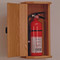 Picture of light oak 10 lb. fire extinguisher cabinet with engraved front with door open.  Fire extinguisher not included.