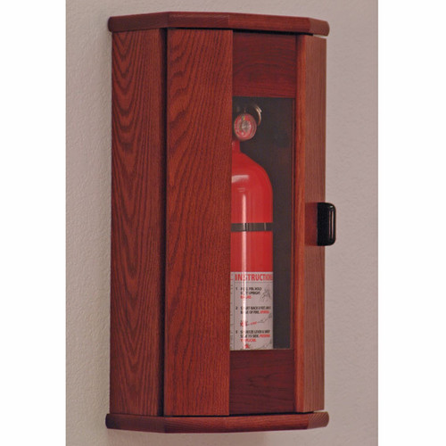 Picture of mahogany 10 lb. fire extinguisher cabinet with acrylic front with door closed.