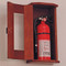 Picture of mahogany 10 lb. fire extinguisher cabinet with acrylic front with door open.  Fire extinguisher not included.