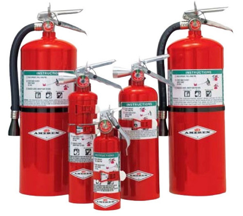 A group photograph of (left to right) a 15.5, 2.5, 1.4, 5, and 11 pound Amerex Halotron I Fire Extinguisher.
