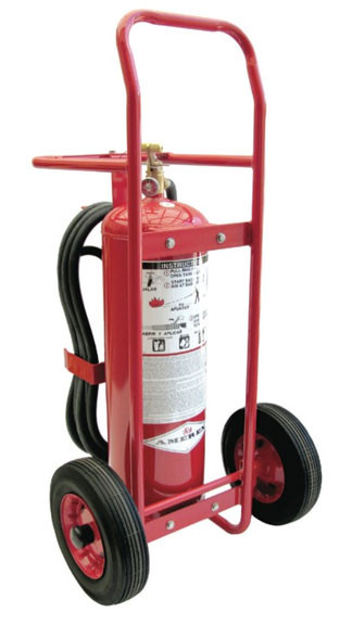 A photograph of a small 09566 amerex stored pressure wheeled fire extinguisher.