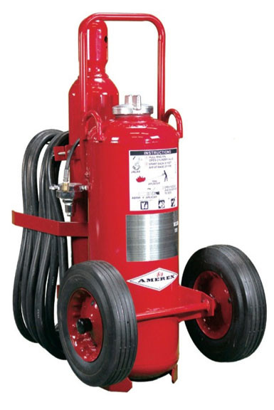A photograph of a 09562 amerex regulated pressure wheeled fire extinguishers with semi-pneumatic wheels.