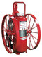 A photograph of a 09562 amerex regulated pressure wheeled fire extinguishers with solid steel wheels.