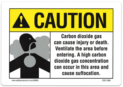 A photograph of a 09950 CO2 system sign, reading caution carbon dioxide gas can cause injury or death. ventilate the area before entering, with graphic.