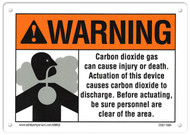 A photograph of a 09952 CO2 system signs, reading warning - carbon dioxide gas can cause injury or death, actuation of this device causes, with graphic.