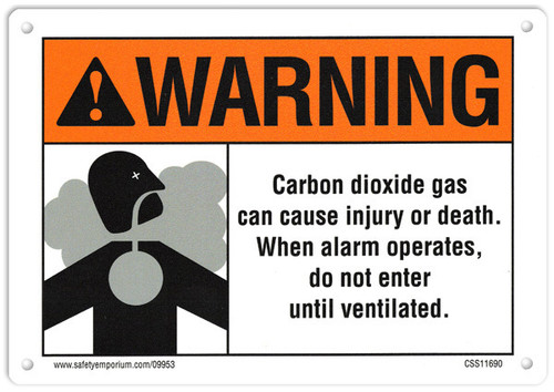 A photograph of a semi-rigid plastic 10" w x 7" h 09953 CO2 system sign as described in the product description.