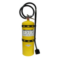 A photograph of front of a yellow 30 lb 09590 amerex model B570 class D sodium chloride fire extinguisher.