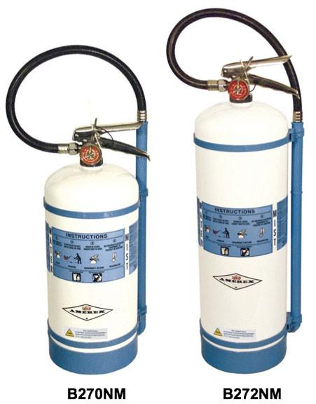 A photograph of an Amerex B270NM 1.75 gallon water mist extinguisher (left) next to the Amerex B272NM 2.5 gallon model (right).
