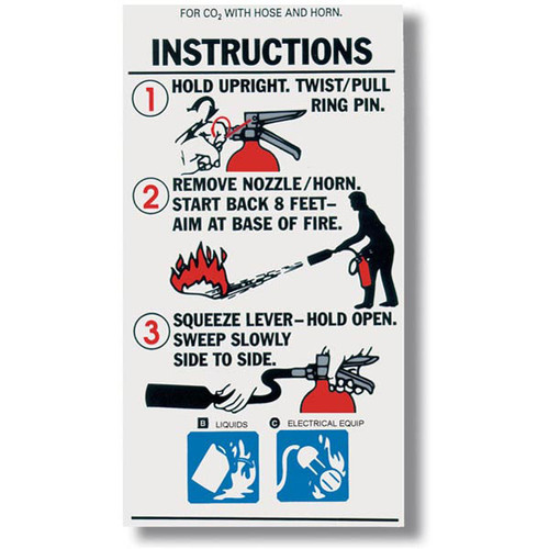 A photograph of a 09964 carbon dioxide fire extinguisher with hose instructional label.