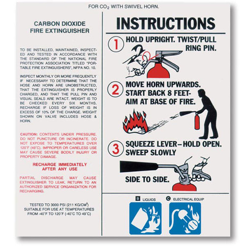 A photograph of a 09967 carbon dioxide fire extinguisher nameplate label with instructions.