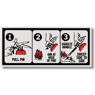 A photograph of a self-adhesive 09960 pictorial fire extinguisher instruction label.