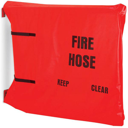 A photograph of a red 09901 hump-style fire hose rack cover.