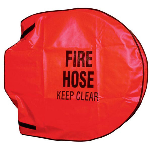 A photograph of a red 09902 fire hose reel cover.