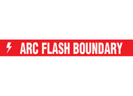 Picture of Printed Warning Floor Tape reading "Arc Flash Boundary" in white lettering on red background.
