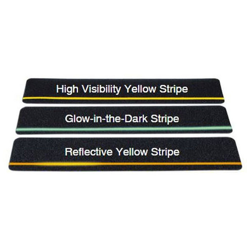 A photograph comparing high visibility, glow-in-the-dark, and reflective stripes on cleats.
