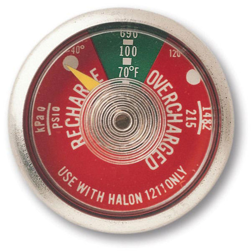 A photograph of front of a red 09832 halon 1211 fire extinguisher gauge.