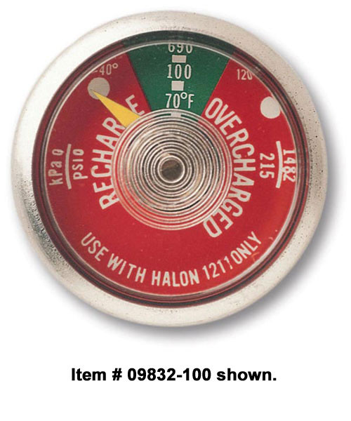 A photograph of front of a red 09833 halotron I fire extinguisher gauge.