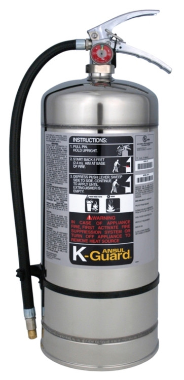 A photo of a 6 liter capacity Ansul K-Guard Wet Chemical Class K Kitchen Extinguisher.