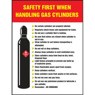 An image of Safety Poster: Safety First When Handling Gas Cylinders.   The title "SAFETY FIRST WHEN HANDLING GAS CYLINDERS" is in yellow lettering on a red background at the top of the poster.  A series of safe cylinder handling bullet points are outlined next to the graphic of a gas cylinder 